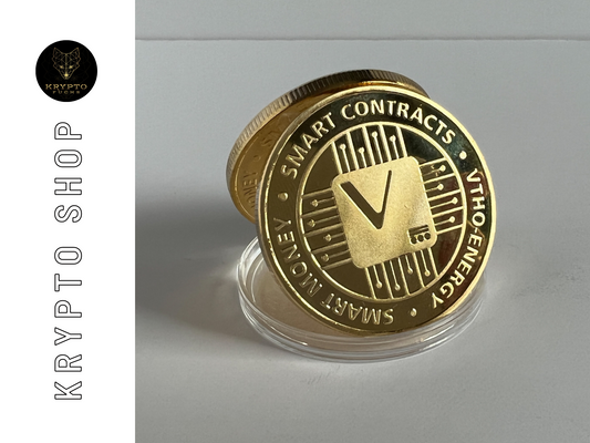 Vechain VET Kryptomünze – Gold, aufgestellte Münze, Detailansicht | KryptoFuchs