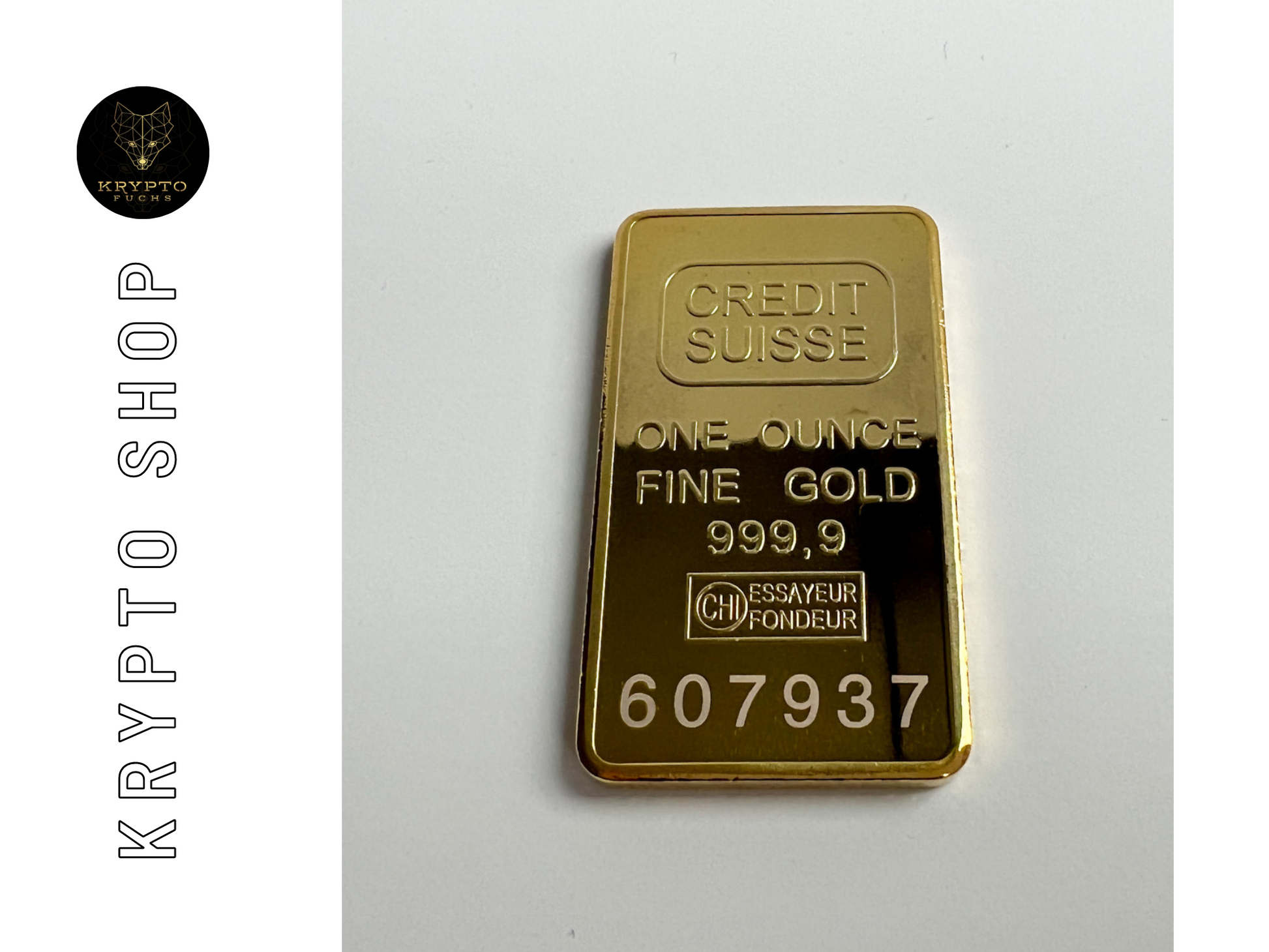 Credit Suisse Goldbarren Replik – Premium-Qualität – Vorderseite vergoldet mit Seriennummer | KryptoFuchs