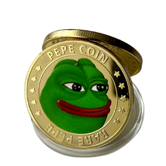 Pepecoin PEPE Gold bicolor Kryptomünze – Bicolor, aufgestellte Münze in Schutzkapsel | KryptoFuchs