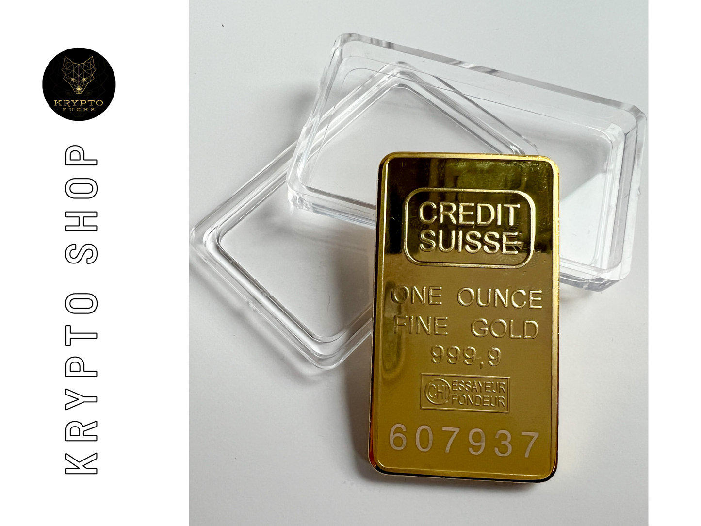 Credit Suisse Goldbarren Replik – Premium-Qualität – Schrägansicht vergoldeter Barren | KryptoFuchs