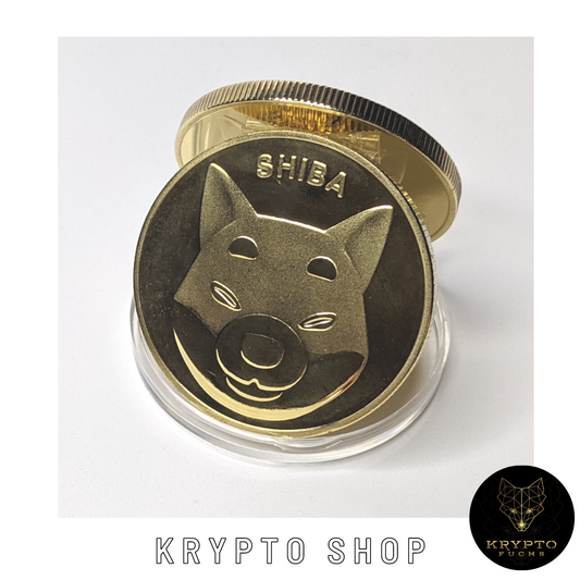 Shiba Inu SHIBA Kryptomünze – Gold, aufgestellte Münze | KryptoFuchs