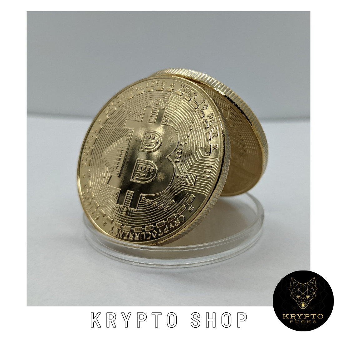 Bitcoin BTC Kryptomünze – im weißen Display | KryptoFuchs