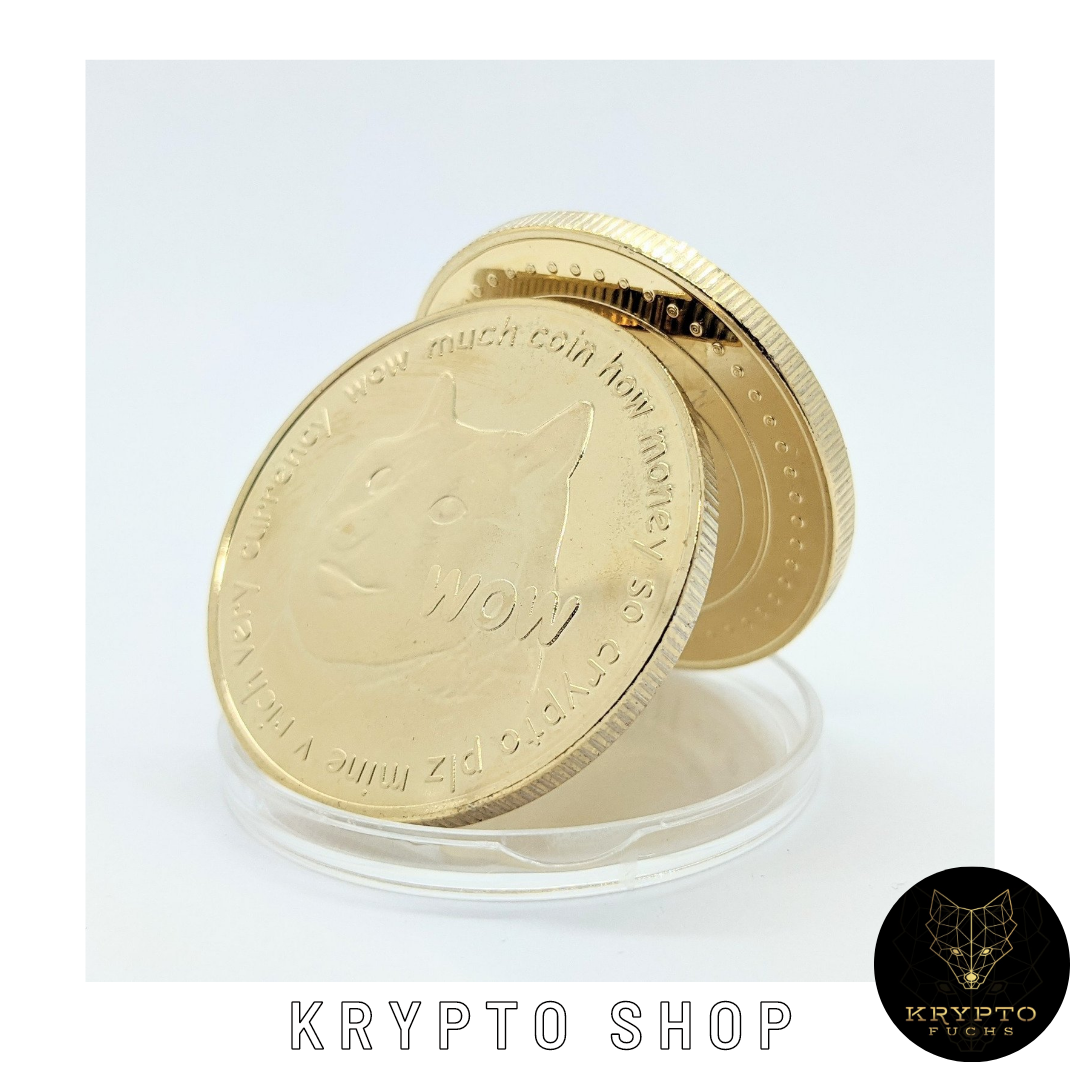 Dogecoin DOGE Kryptomünze – aufgestellte Münze in Schutzkapsel | KryptoFuchs