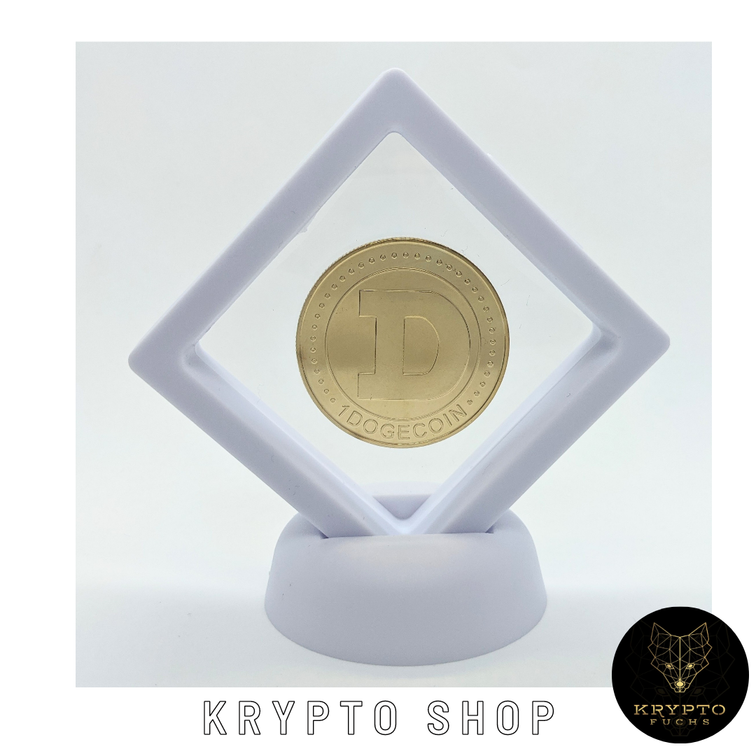 Dogecoin DOGE Kryptomünze – im weißen Schwebe-Display, weitere Ansicht | KryptoFuchs