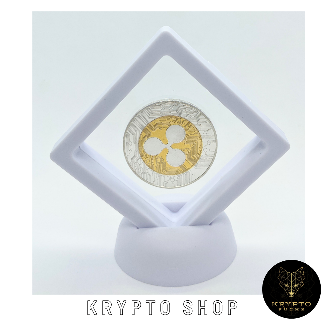 Ripple XRP Kryptomünze – Bicolor im weißen Schwebe-Display, XRP-Logo-Seite | KryptoFuchs