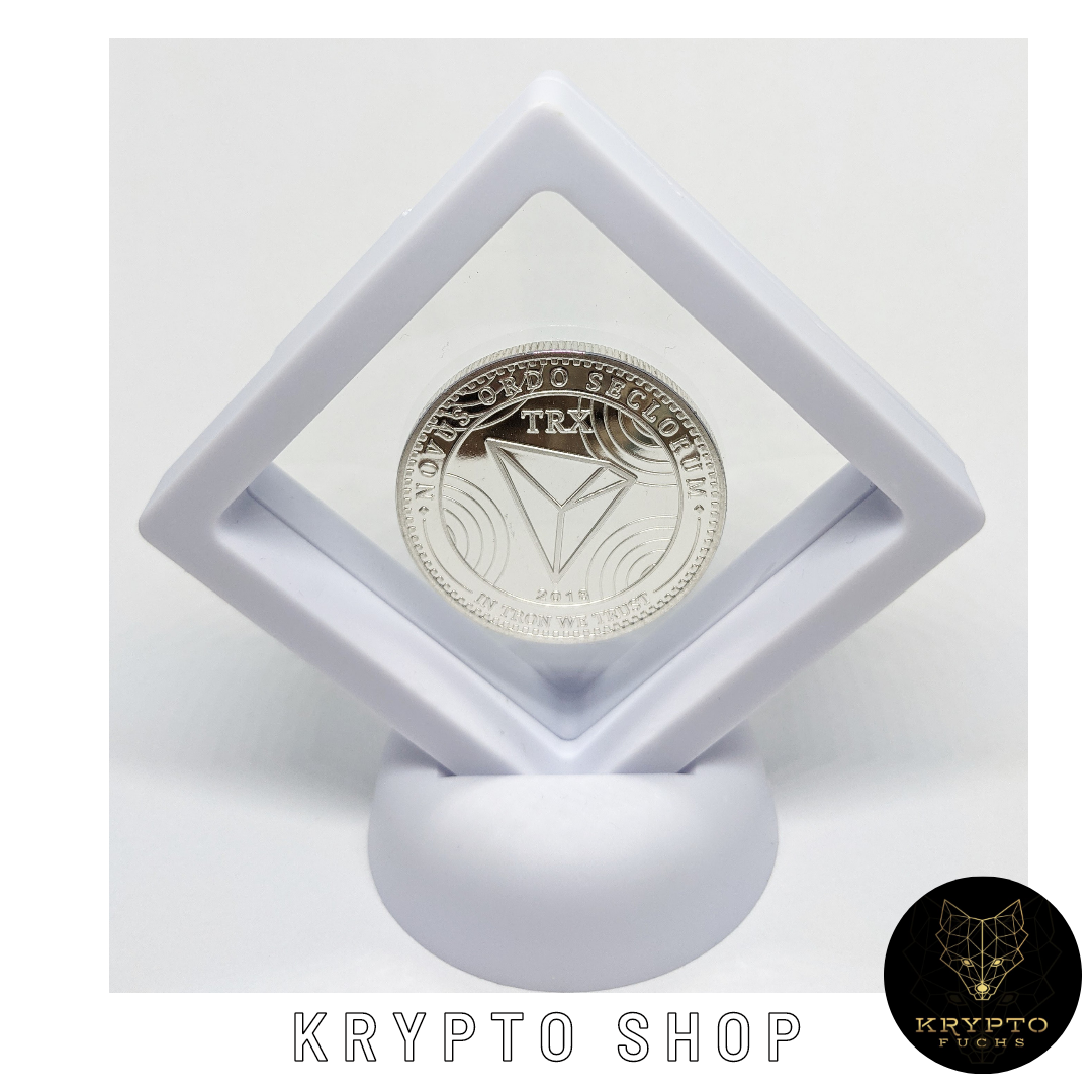 TRON TRX Kryptomünze – im weißen Schwebe-Display, weitere Ansicht | KryptoFuchs