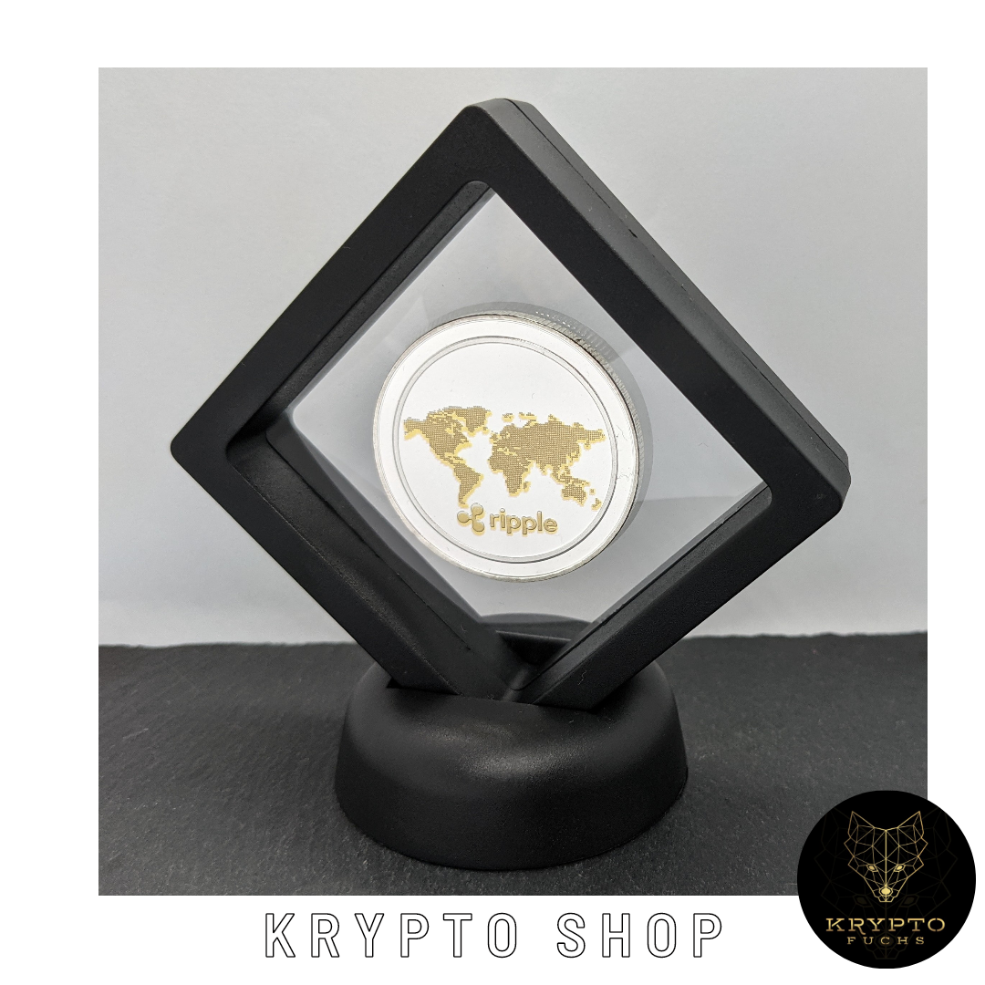 Ripple XRP Kryptomünze – Silber im schwarzen Schwebe-Display | KryptoFuchs