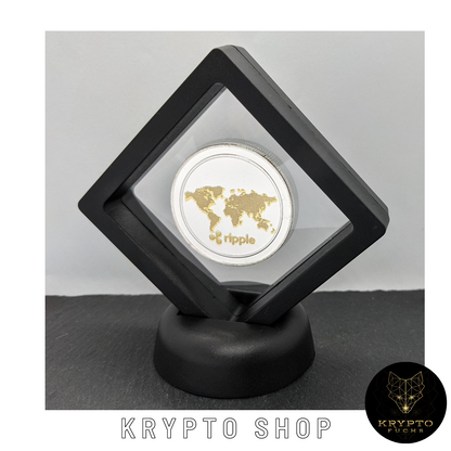 Ripple XRP Kryptomünze – Silber im schwarzen Schwebe-Display | KryptoFuchs