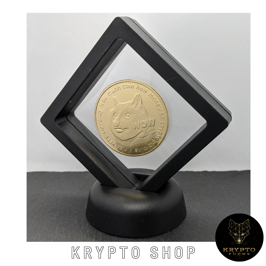 Dogecoin DOGE Kryptomünze – im schwarzen Schwebe-Display | KryptoFuchs