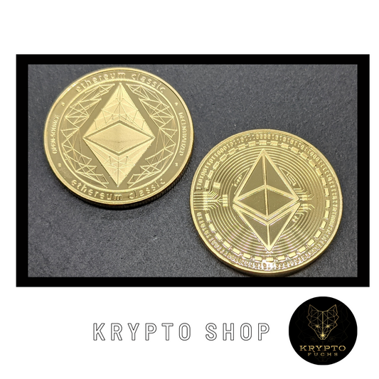 Ethereum Classic ETC Kryptomünze – Gold, Vorder- und Rückseite | KryptoFuchs