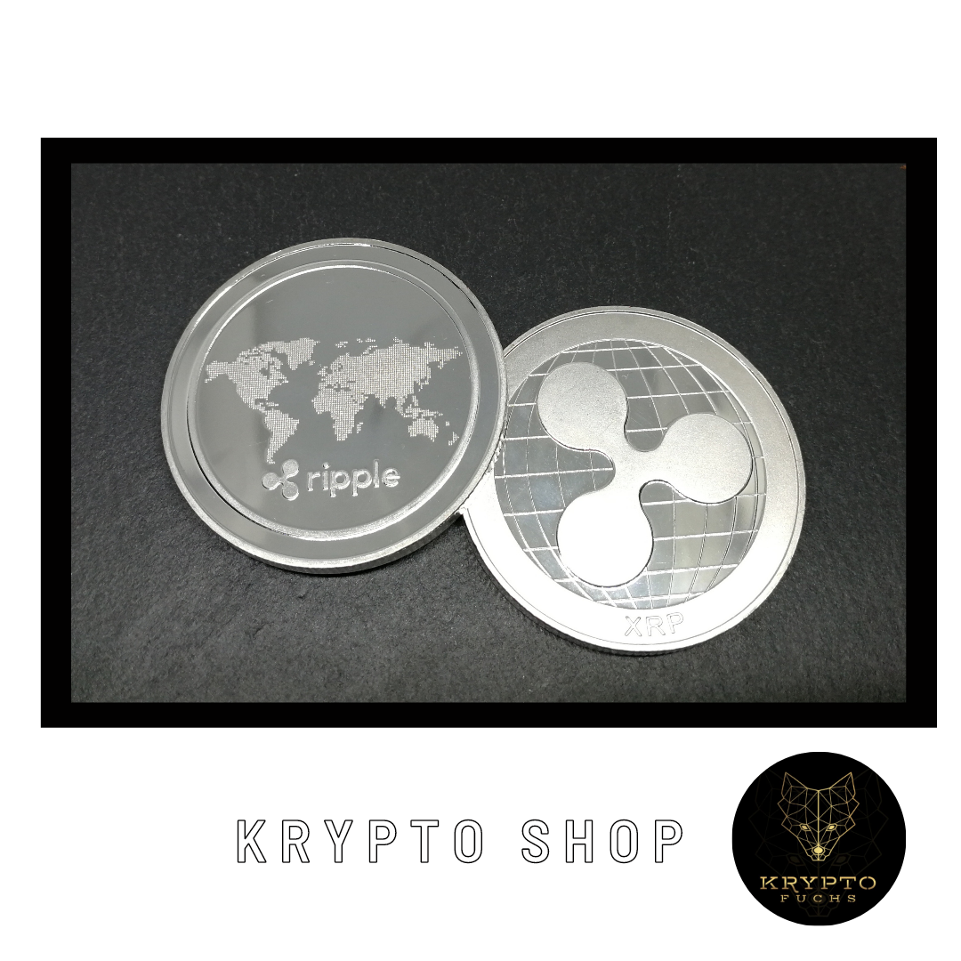 Ripple XRP Kryptomünze – Silber, Vorder- und Rückseite im Rahmen | KryptoFuchs