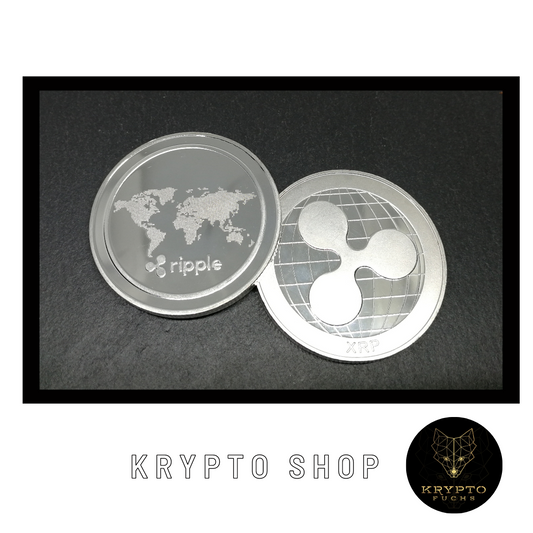Ripple XRP Kryptomünze – Silber, Vorder- und Rückseite im Rahmen | KryptoFuchs