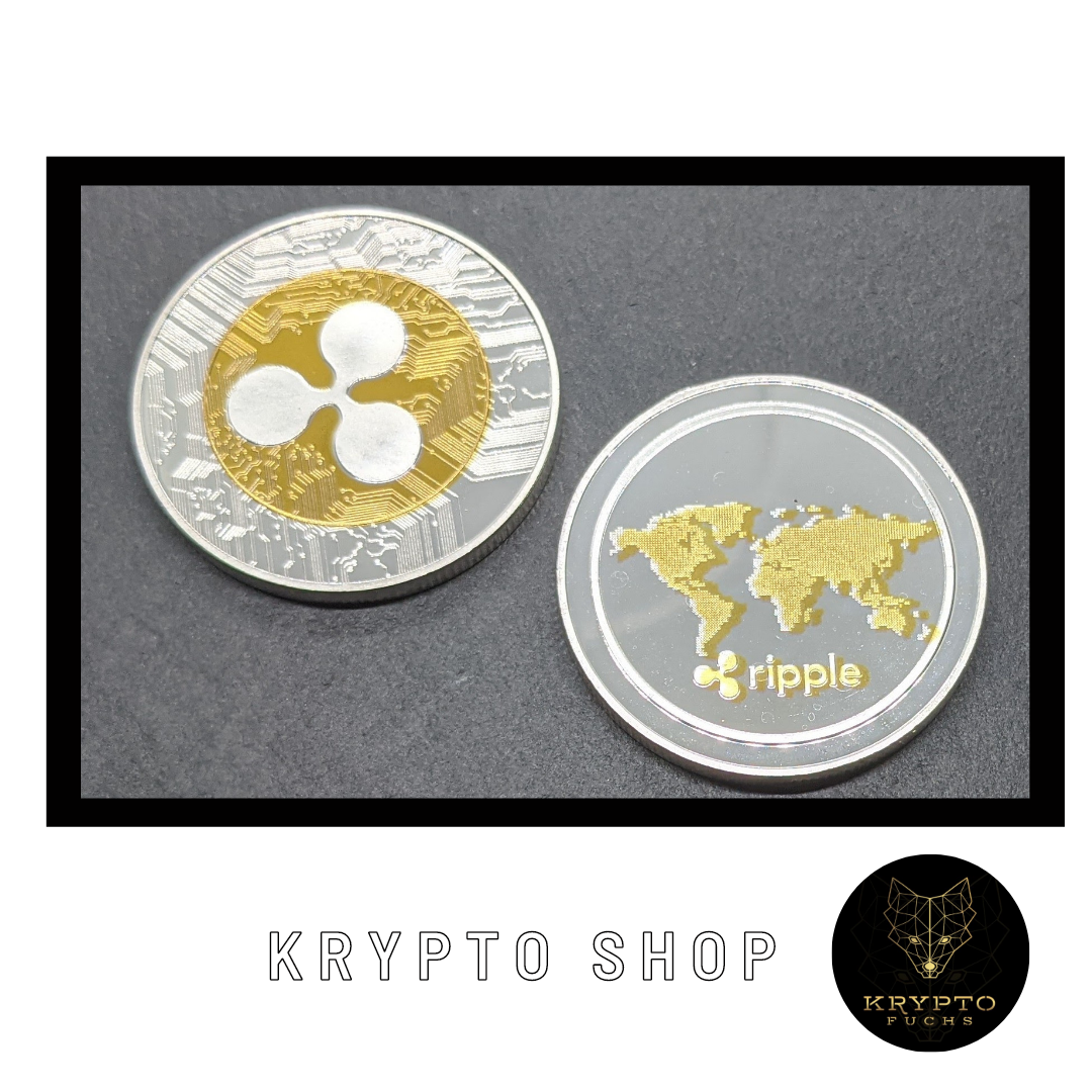 Ripple XRP Kryptomünze – Vorder- und Rückseite im Schwebe-Display | KryptoFuchs
