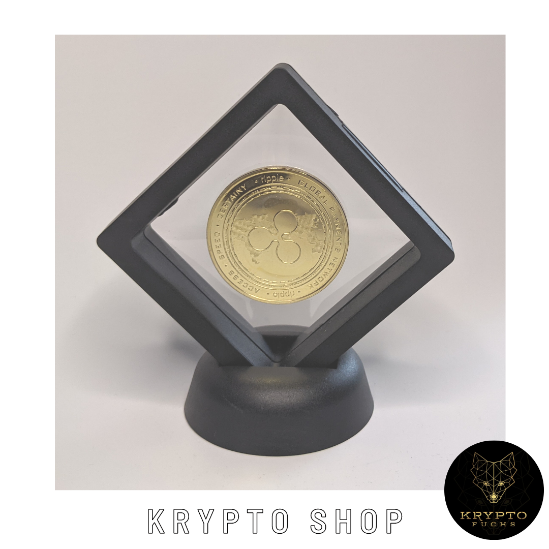 Ripple XRP Kryptomünze 2021 Edition – Gold im schwarzen Schwebe-Display, weitere Ansicht | KryptoFuchs