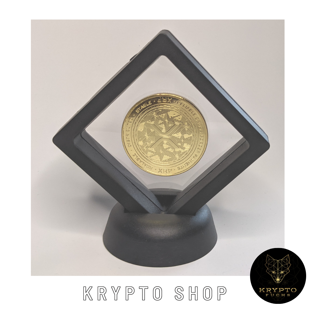 Ripple XRP Kryptomünze 2021 Edition – Gold im schwarzen Schwebe-Display | KryptoFuchs
