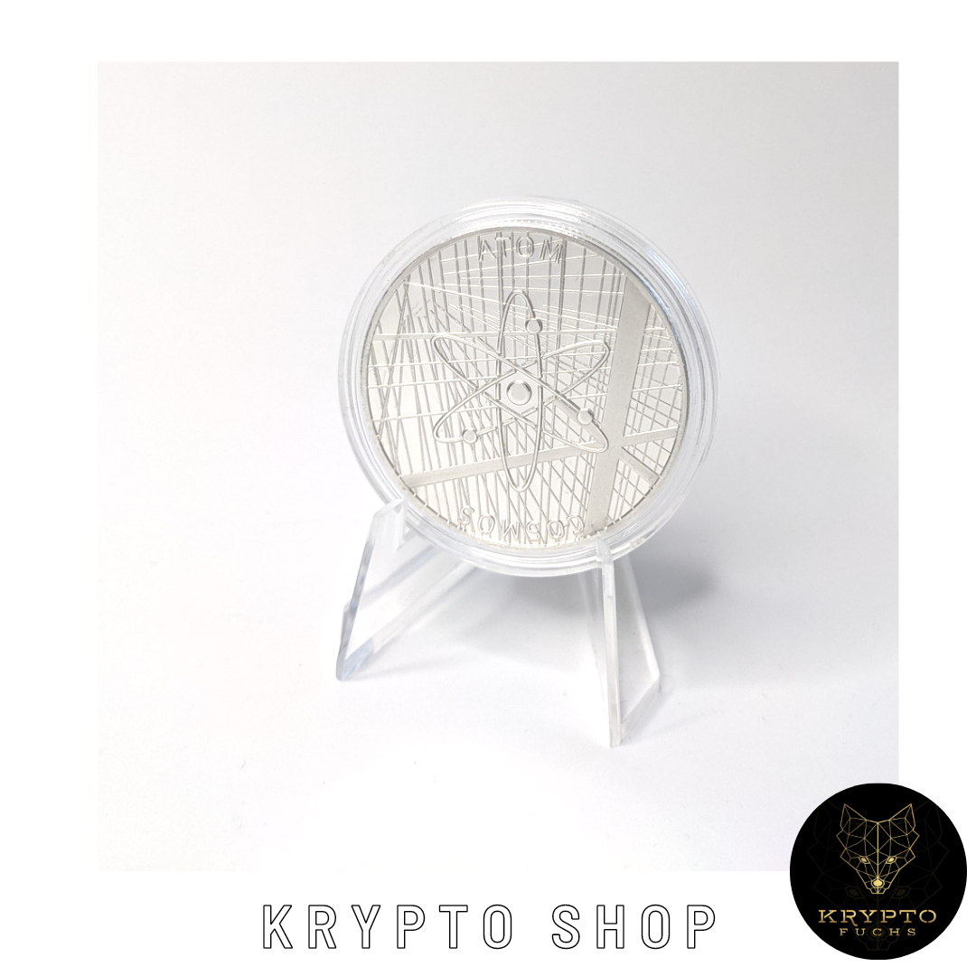 Cosmos ATOM Kryptomünze – Silber mit Aufsteller | KryptoFuchs