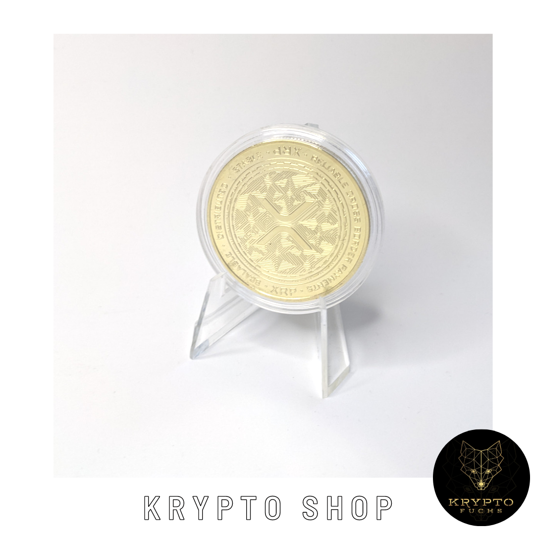 Ripple XRP Kryptomünze 2021 Edition – Gold mit Aufsteller, weitere Ansicht | KryptoFuchs