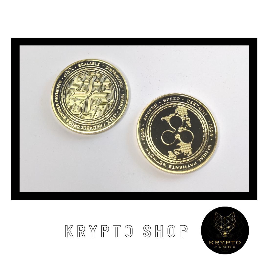 Ripple XRP Kryptomünze 2021 Edition – Gold, Vorder- und Rückseite im Schwebe-Display | KryptoFuchs