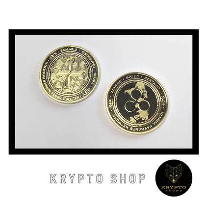 Ripple XRP Kryptomünze 2021 Edition – Gold, Vorder- und Rückseite im Schwebe-Display | KryptoFuchs