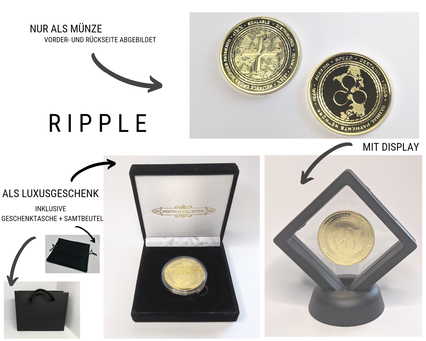 Ripple XRP Kryptomünze 2021 Edition – Geschenk-Set Übersicht mit Ripple-Branding | KryptoFuchs
