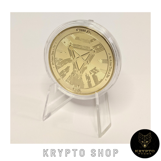 Chiliz CHZ Kryptomünze – Rückseite auf Aufsteller | KryptoFuchs