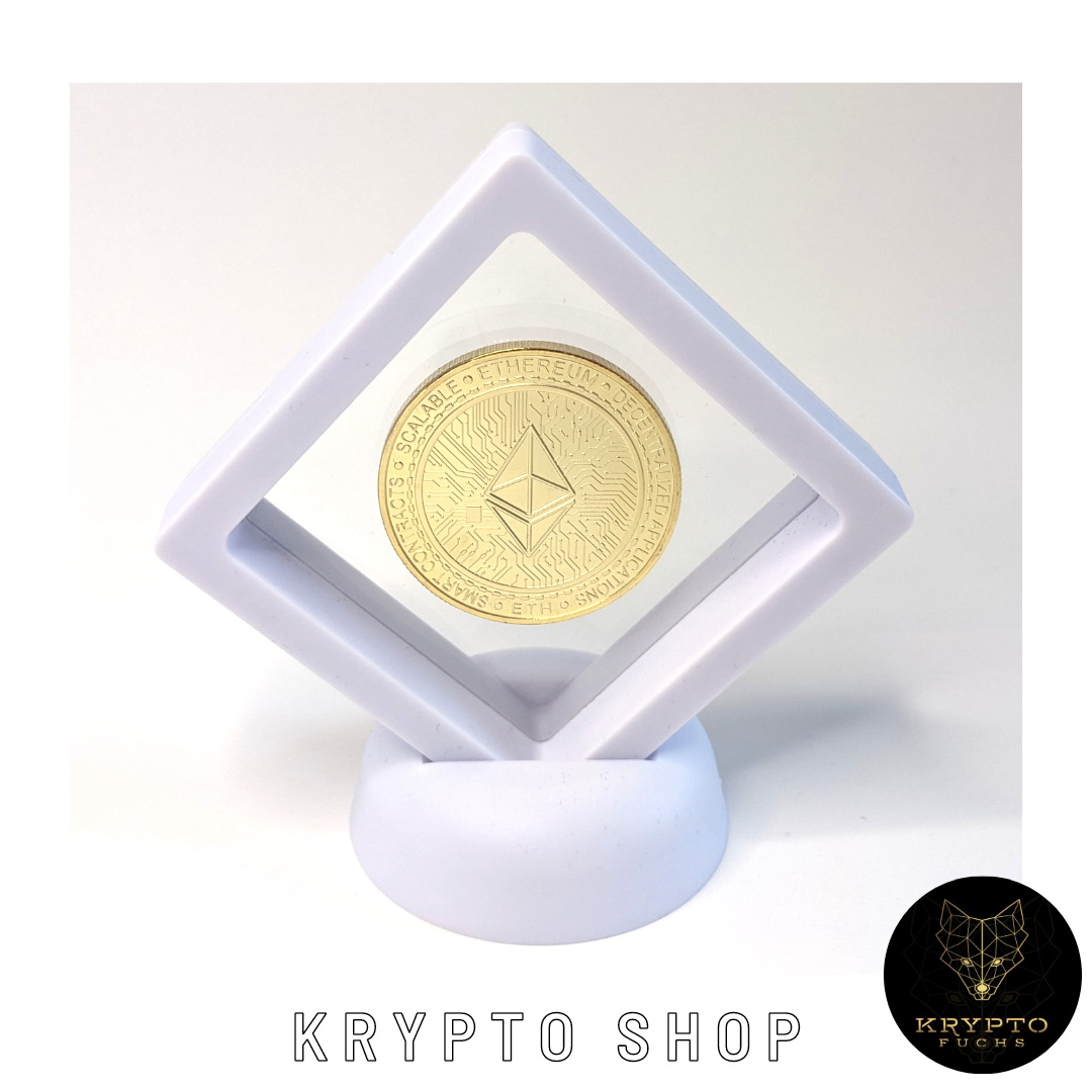 Ethereum ETH Kryptomünze 2021 Edition – Gold im weißen Schwebe-Display | KryptoFuchs