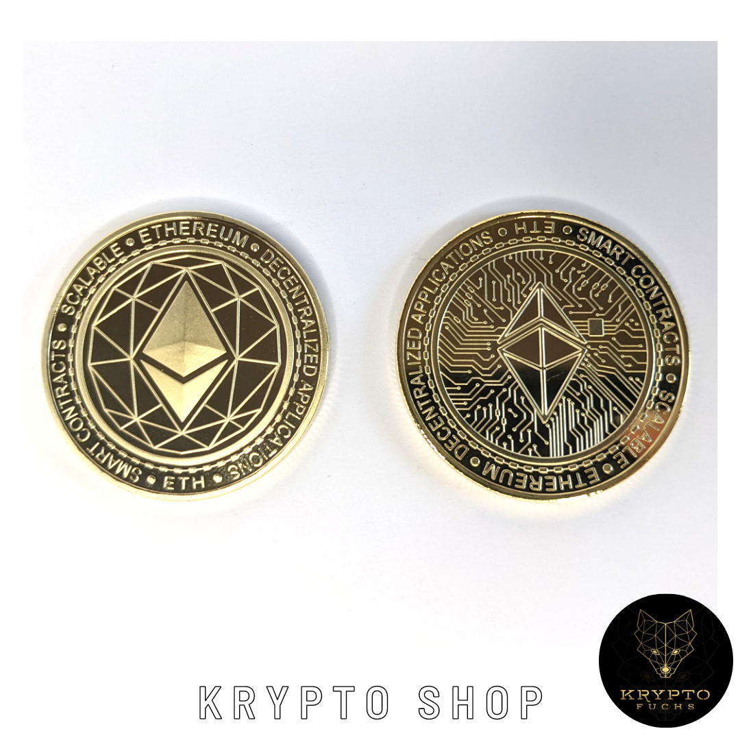 Ethereum ETH Kryptomünze 2021 Edition – Gold, Vorder- und Rückseite | KryptoFuchs