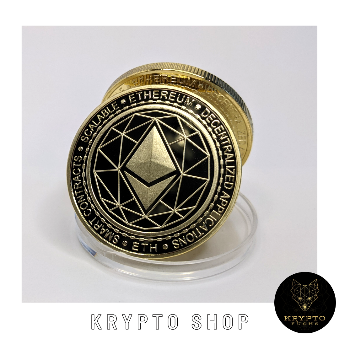 Ethereum ETH Kryptomünze 2021 Edition – Gold, aufgestellte Münze in Schutzkapsel | KryptoFuchs