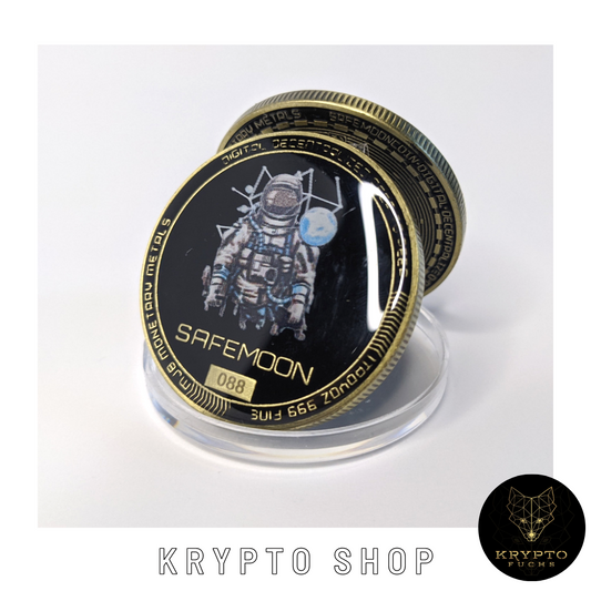 SafeMoon Kryptomünze – aufgestellte Münze in Schutzkapsel | KryptoFuchs