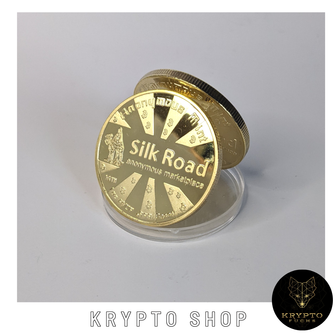 Bitcoin BTC Silkroad Kryptomünze – aufgestellte Münze, Silk-Road-Seite | KryptoFuchs