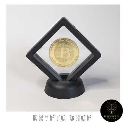Bitcoin BTC Silkroad Kryptomünze – im schwarzen Schwebe-Display | KryptoFuchs