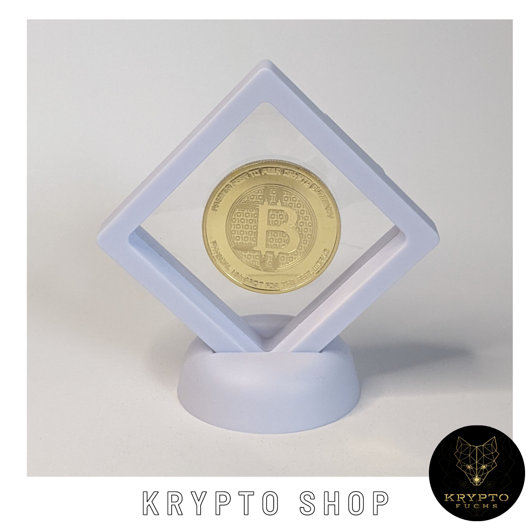 Bitcoin BTC Silkroad Kryptomünze – im weißen Schwebe-Display | KryptoFuchs