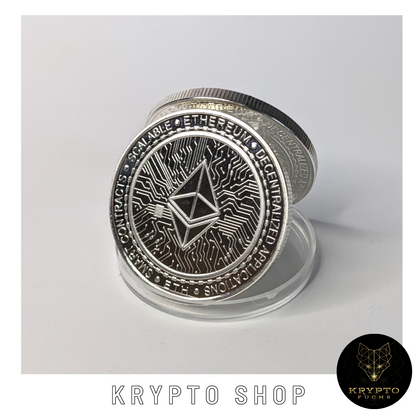 Ethereum ETH Kryptomünze 2021 Edition – Silber, aufgestellte Münze, Detailansicht | KryptoFuchs