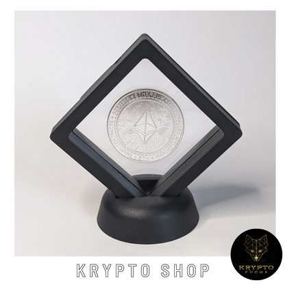 Ethereum ETH Kryptomünze 2021 Edition – Silber im schwarzen Schwebe-Display | KryptoFuchs