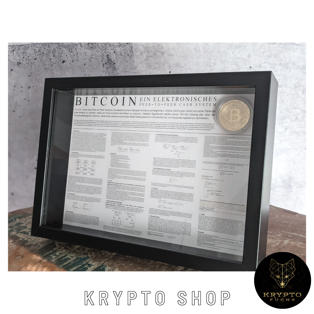 Krypto Kunst "Whitepaper mit Bitcoin Münze" – gerahmt mit Münze | KryptoFuchs
