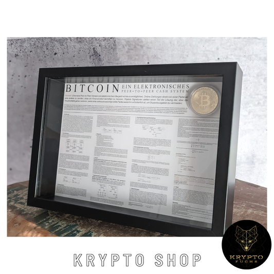 Krypto Kunst "Whitepaper mit Bitcoin Münze" – gerahmt mit Münze | KryptoFuchs