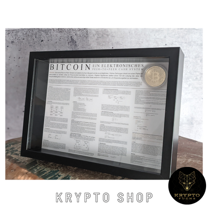 Krypto Kunst "Whitepaper mit Bitcoin Münze"