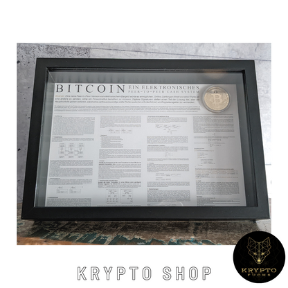 Krypto Kunst "Whitepaper mit Bitcoin Münze"