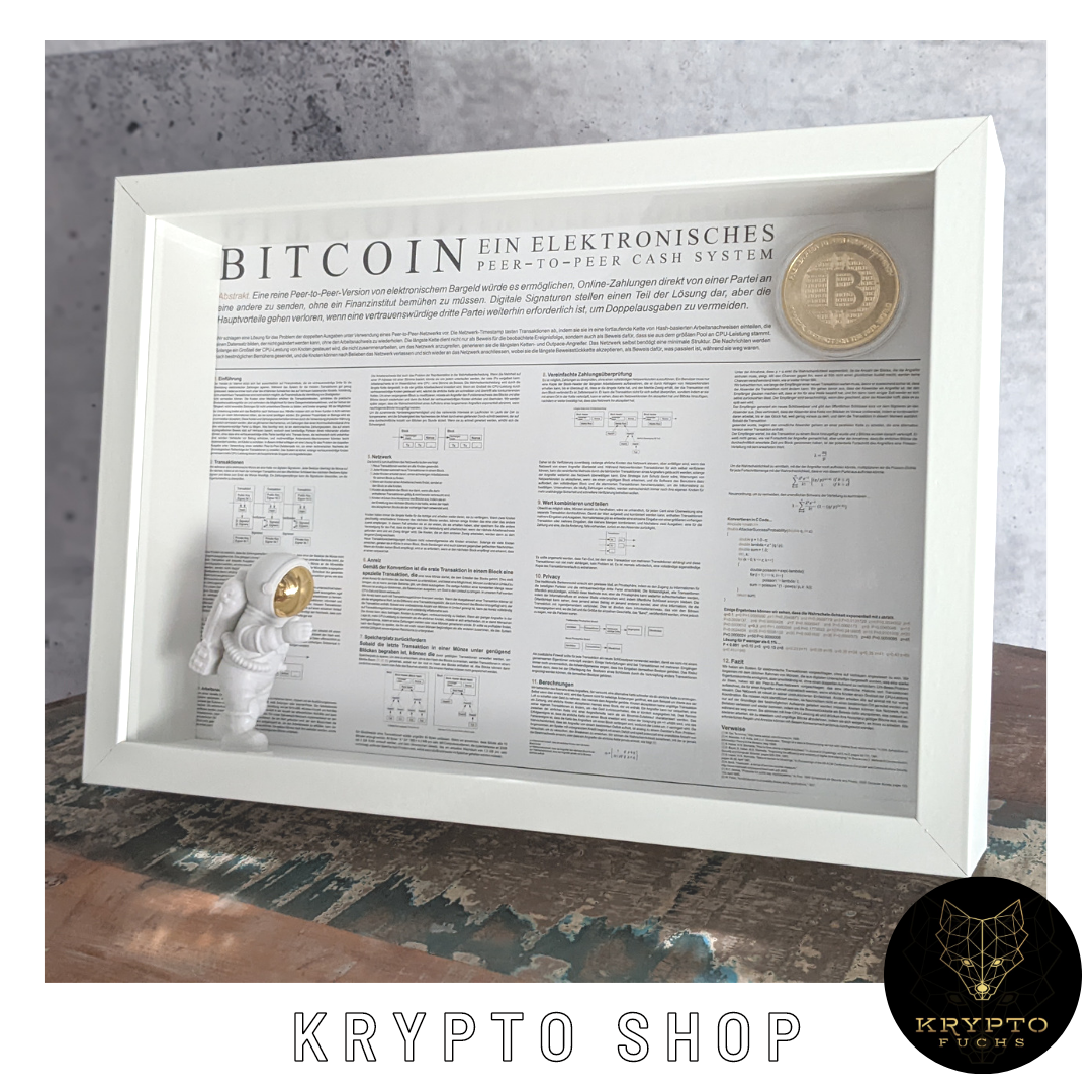 Krypto-Kunst "Bitcoin BTC Satoshi Nakamoto Whitepaper" – gerahmt | KryptoFuchs