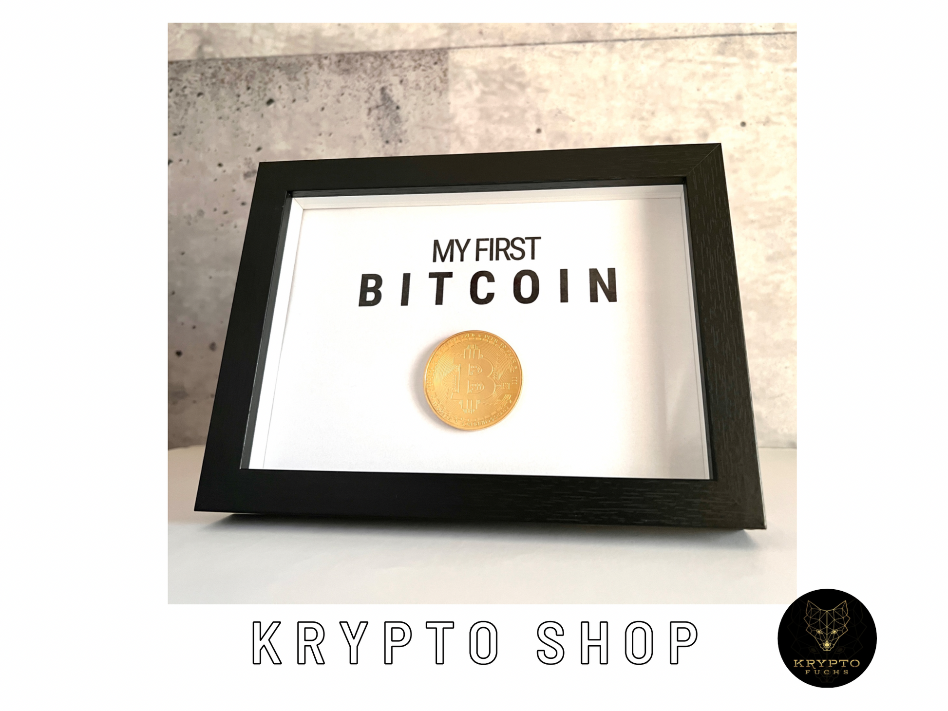 Krypto Kunst "My first Bitcoin" – gerahmt mit Münze | KryptoFuchs