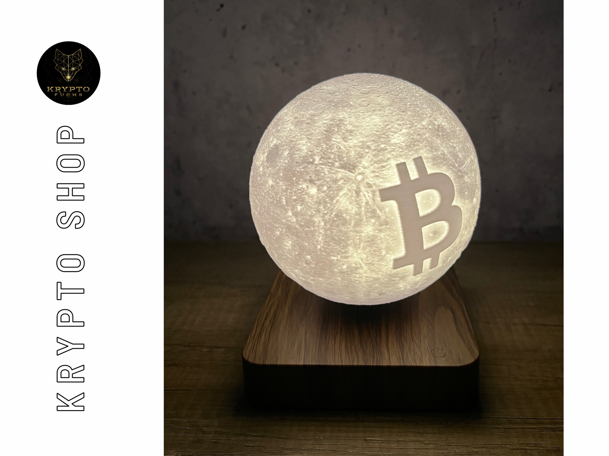 Bitcoin Magnetlampe mit BTC Symbol auf Mondkugel – schwebende Krypto Deko Leuchte auf Holzbasis