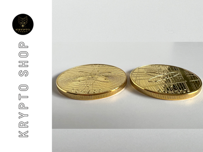 Cosmos ATOM Kryptomünze – Gold, beide Seiten aufgestellt | KryptoFuchs