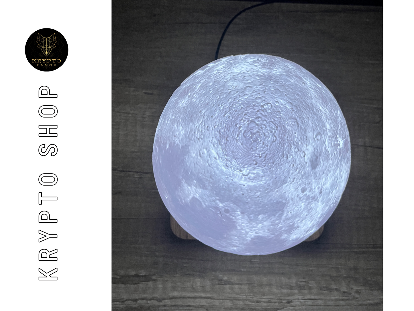 Bitcoin Magnetlampe schwebender Mond mit BTC Logo auf Holzbasis – Krypto Deko Lampe