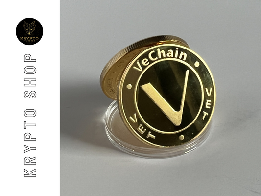 Vechain VET Kryptomünze – Gold, aufgestellte Münze | KryptoFuchs
