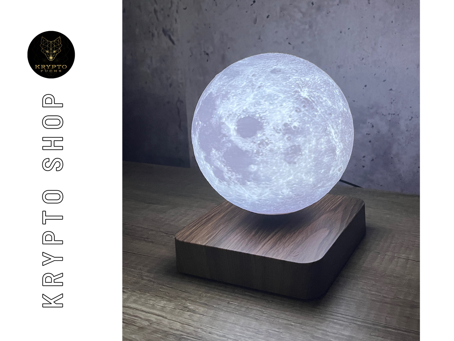 Bitcoin Magnetlampe schwebender Mond mit BTC Logo auf Holzbasis – Krypto Deko Lampe