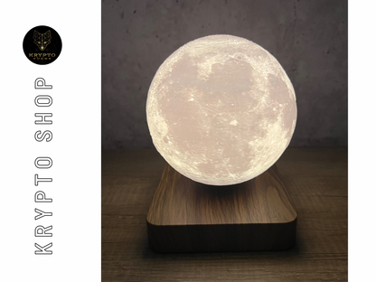Bitcoin Magnetlampe schwebender Mond mit BTC Logo auf Holzbasis – Krypto Deko Lampe