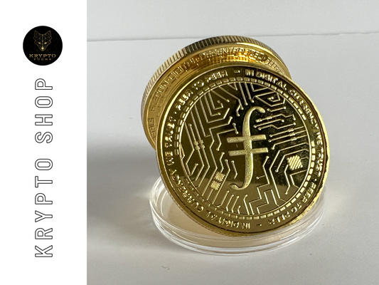 Filecoin FIL Kryptomünze – Gold, aufgestellte Münze | KryptoFuchs