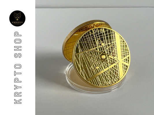 Cosmos ATOM Kryptomünze – Gold, aufgestellte Münze | KryptoFuchs
