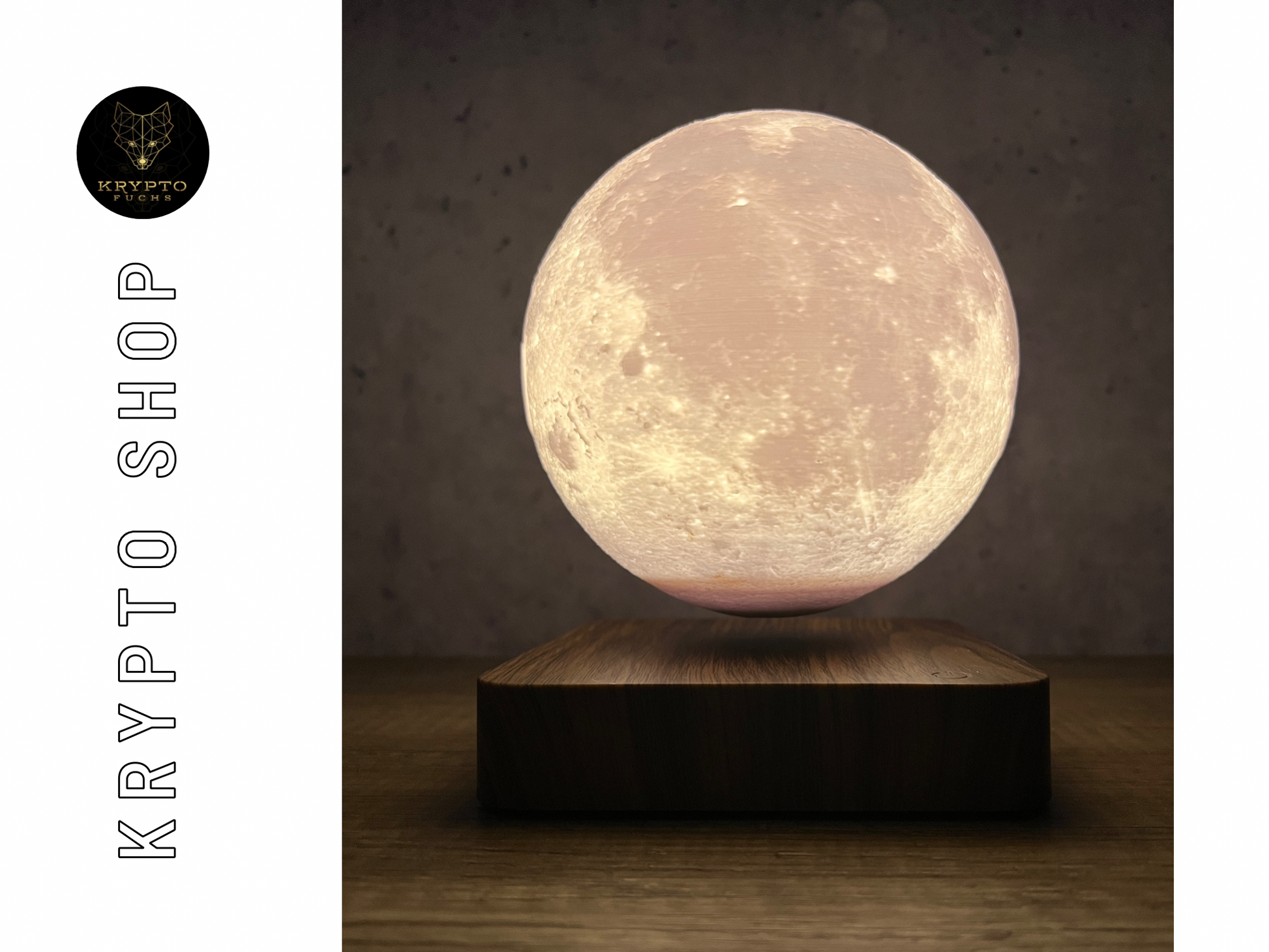 Bitcoin Magnetlampe schwebender Mond mit BTC Logo auf Holzbasis – Krypto Deko Lampe