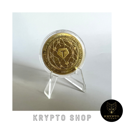 Tether USDT Kryptomünze 2021 Edition – Gold mit Aufsteller | KryptoFuchs
